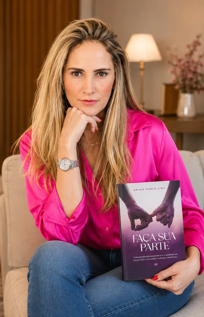 Foto de Bruna Porto Lima sentada no sofá segurando o livro Faça Sua Parte