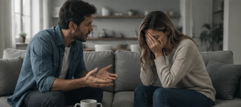 Casal discutindo na sala: homem gesticulando irritado enquanto a mulher cobre o rosto, chorando