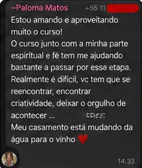 Print de mensagem de aluna contando que o casamento está mudando da água para o vinho