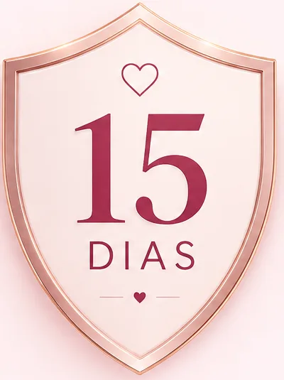 Escudo rosa e dourado com a inscrição 15 dias, símbolo da garantia do método