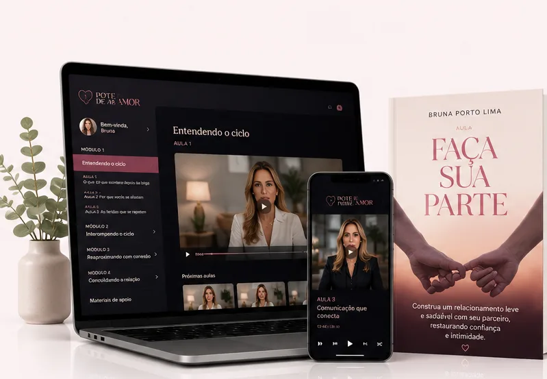 Notebook e celular exibindo a área de membros do Método Pote de Amor com os módulos do curso, ao lado do e-book Faça Sua Parte