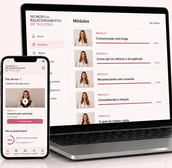 Notebook e celular exibindo a página de módulos da área de membros Segredo do Relacionamento de Sucesso