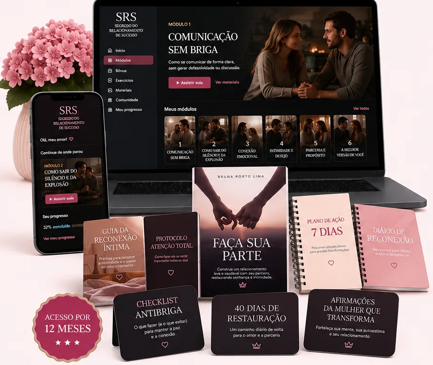 Notebook, celular, livro Faça Sua Parte, planners e cards de apoio do método sobre fundo rosa