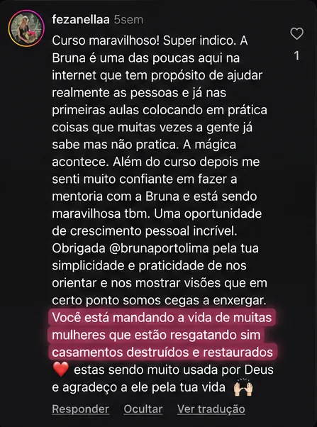 Print de depoimento de aluna elogiando o curso e contando que se sentiu confiante para entrar na mentoria