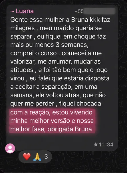 Print de conversa em que aluna conta que o marido voltou atrás e a relação entrou na melhor fase