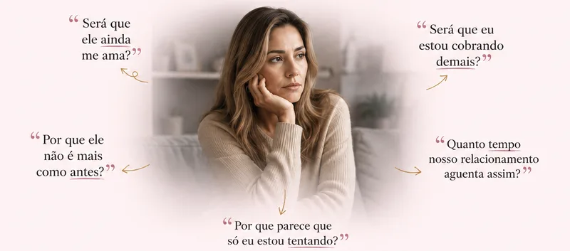 Mulher pensativa apoiando o rosto na mão, cercada por pensamentos de dúvida sobre o relacionamento: será que ele ainda me ama, estou cobrando demais, por que ele não é mais como antes, quanto tempo aguentamos assim