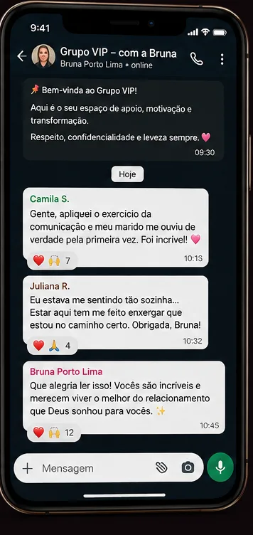 Celular exibindo a conversa de boas-vindas e mensagens do grupo VIP com a Bruna